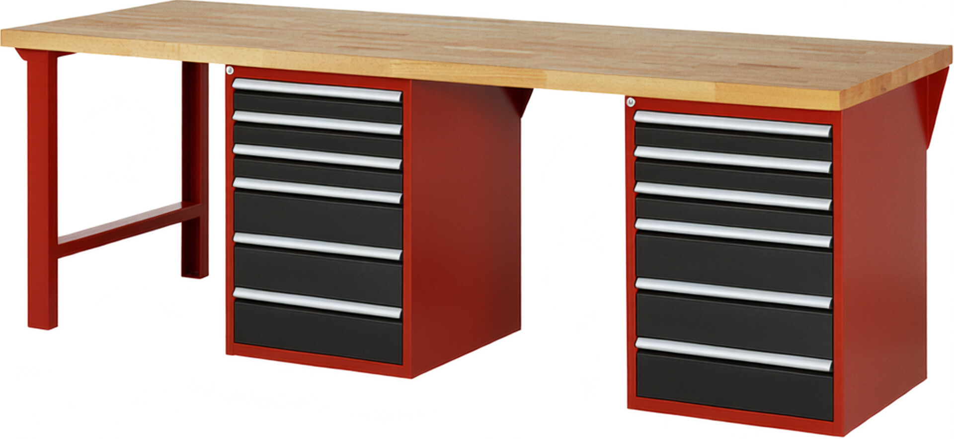 Werkbank Modell 7515 rot - schwarz, BxTxH 2500x900x890 mm,  Buche-Massiv Arbeitsplatte 40 mm,  12 Schubladen mit  Vollauszug 100 % und  SoftClosing