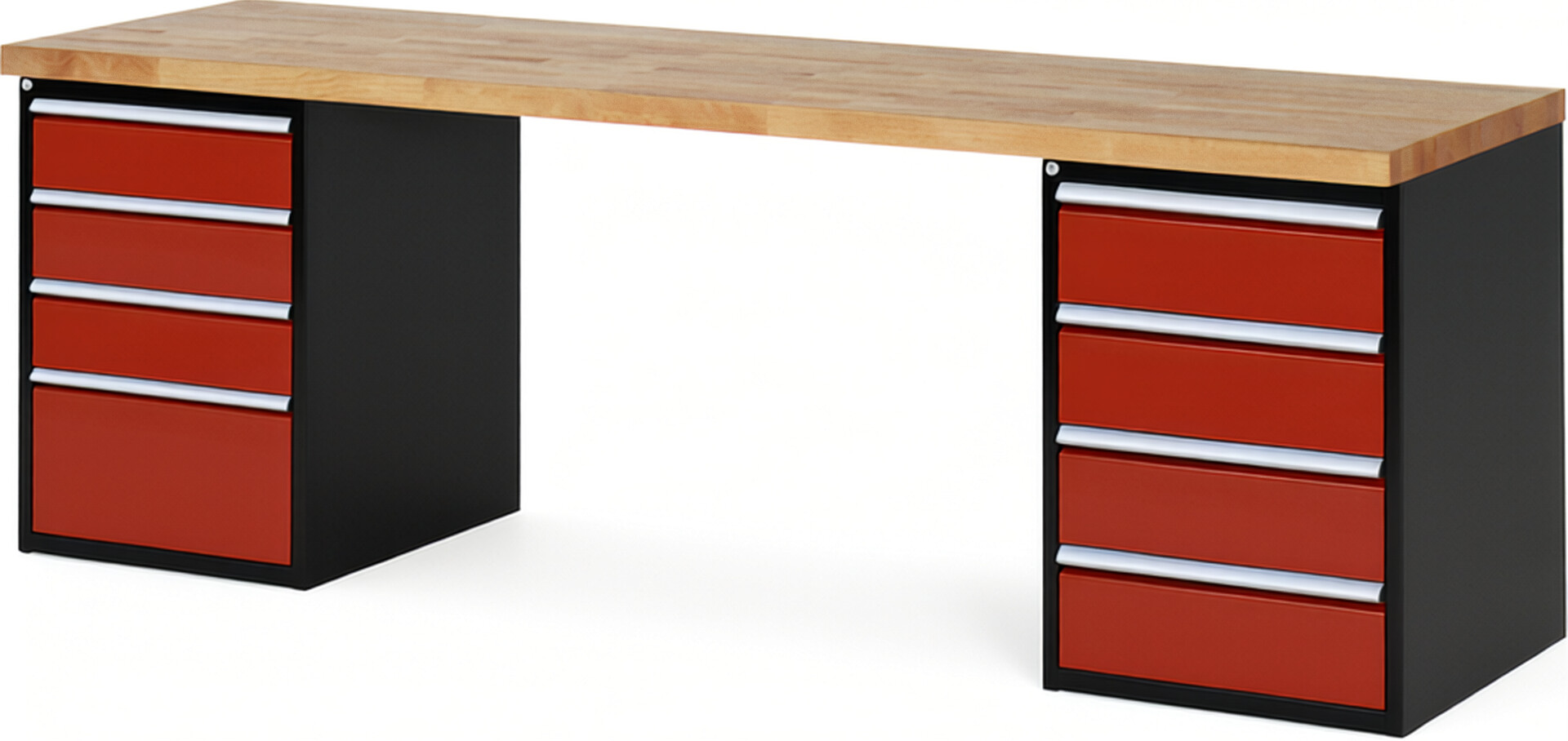 RAU Werkbank schwarz - rot - Breite 250 cm - Tiefe 70 cm - Höhe 89 cm - Buche-Massiv Arbeitsplatte 40 mm