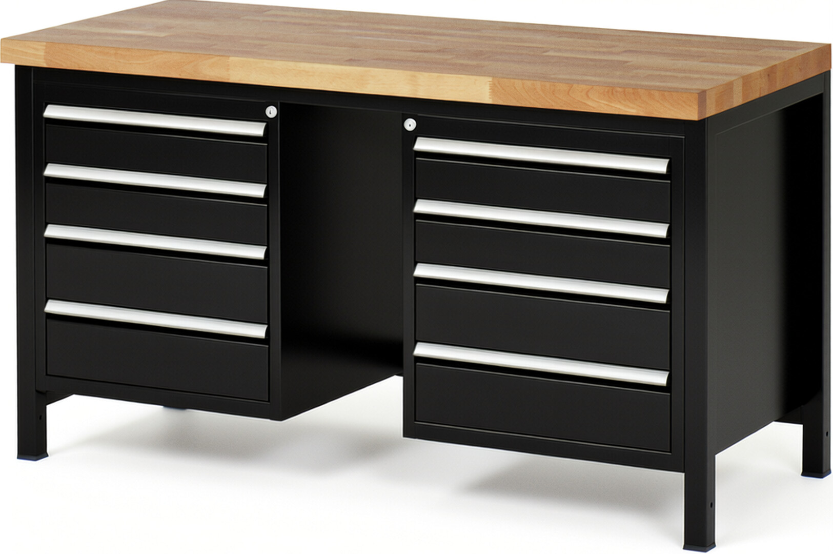 Werkbank Modell 8181 schwarz, BxTxH 1500x700x840-1040 mm,  Buche-Massiv Arbeitsplatte 40 mm,  8 Schubladen mit  Auszug 90 %