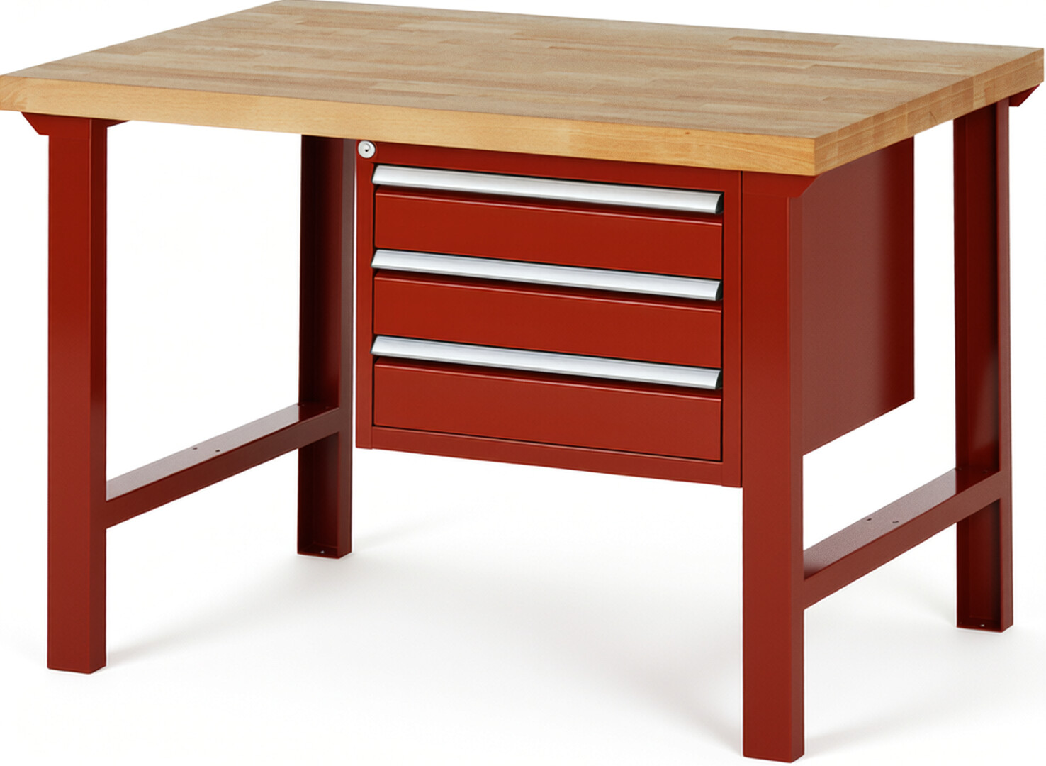 Werkbank Modell 7127 rot, BxTxH 1250x900x840 mm,  Buche-Massiv Arbeitsplatte 40 mm,  3 Schubladen mit  Vollauszug 100 % und  SoftClosing