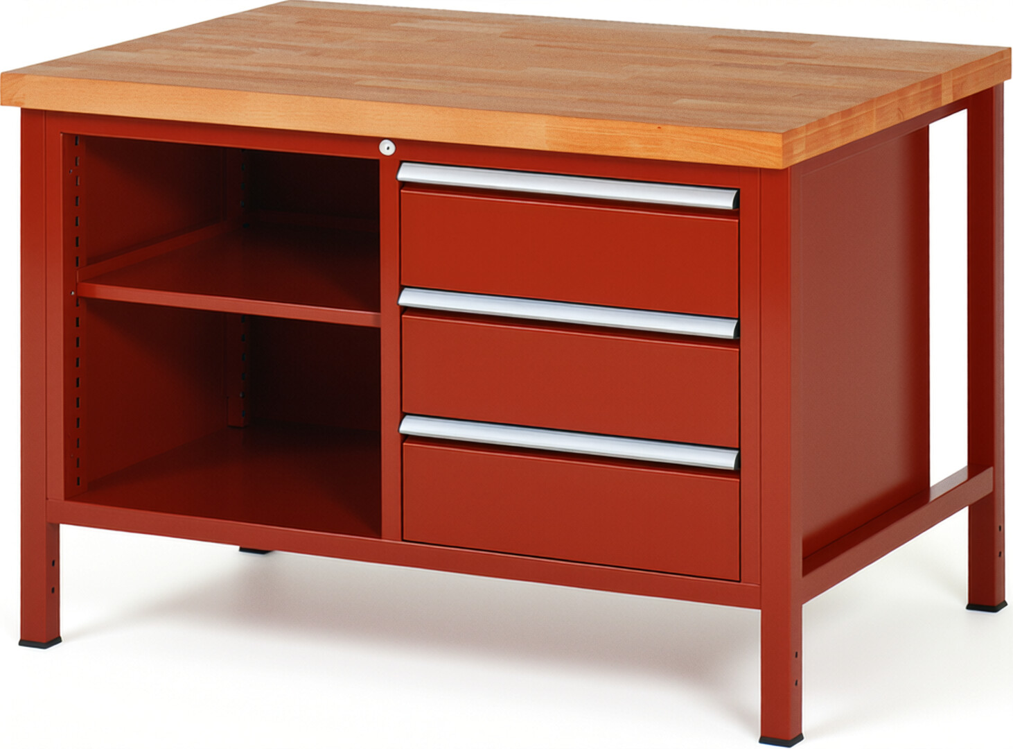 Werkbank Modell 8462 rot, BxTxH 1250x900x840 mm,  Buche-Massiv Arbeitsplatte 40 mm,  3 Schubladen mit  Auszug 90 %