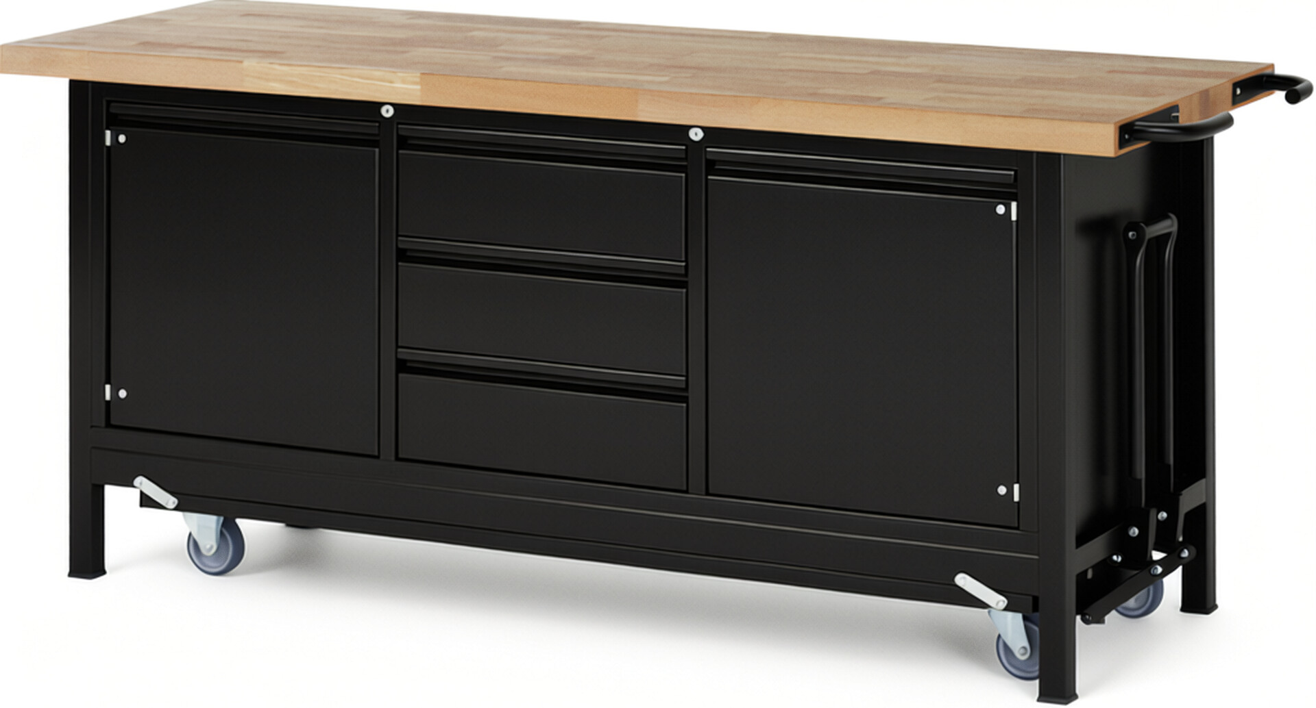 Absenkbare Werkbank - Modell 8569 BASIC schwarz, BxTxH 2000x700x880 mm,  Buche-Massiv Arbeitsplatte 40 mm,  3 Schubladen mit  Auszug 90 %