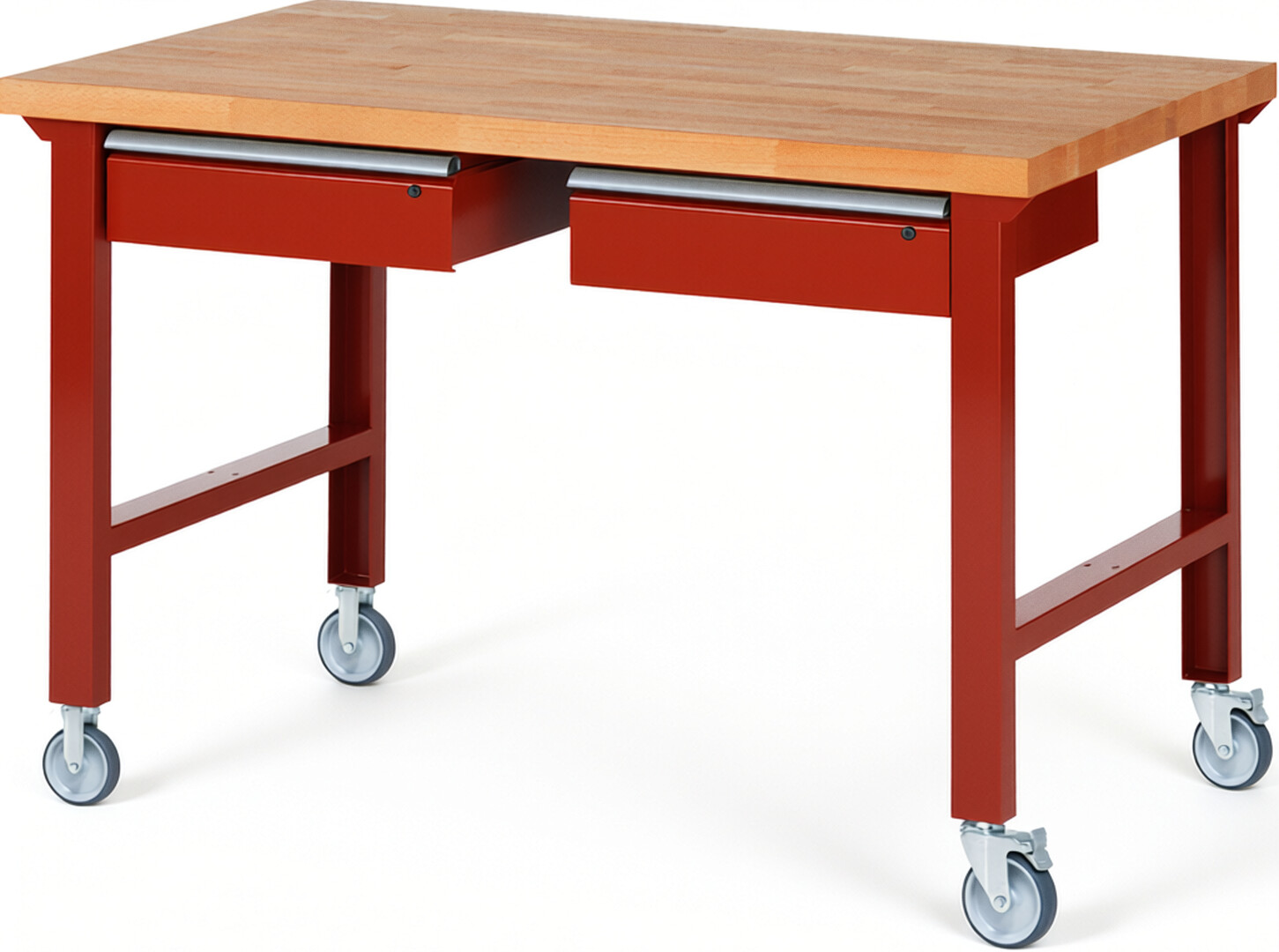 Fahrbare Werkbank Modell 7002 rot, BxTxH 1500x900x1000 mm,  Buche-Massiv Arbeitsplatte 40 mm,  2 Schubladen mit  Auszug 90 %
