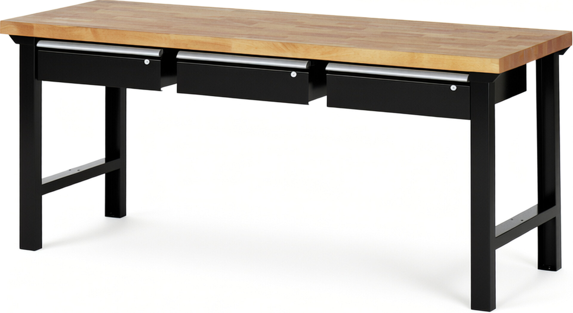 Werkbank Modell 7003 schwarz, BxTxH 2000x700x840 mm,  Buche-Massiv Arbeitsplatte 40 mm,  3 Schubladen mit  Auszug 90 %