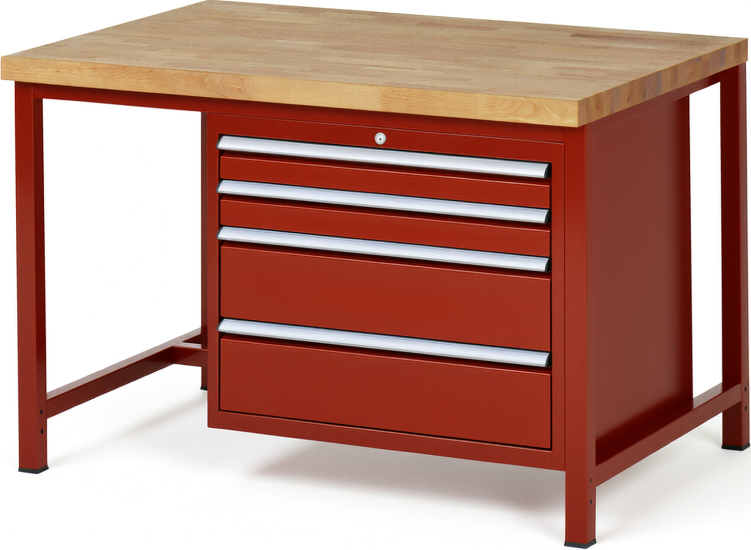Werkbank Modell 8261 rot, BxTxH 1250x900x840 mm,  Buche-Massiv Arbeitsplatte 40 mm,  4 Schubladen mit  Vollauszug 100 % und  SoftClosing