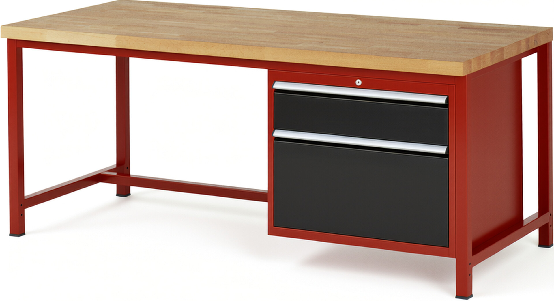 Werkbank Modell 8256 rot - schwarz, BxTxH 2000x900x840 mm,  Buche-Massiv Arbeitsplatte 40 mm,  2 Schubladen mit  Vollauszug 100 % und  SoftClosing