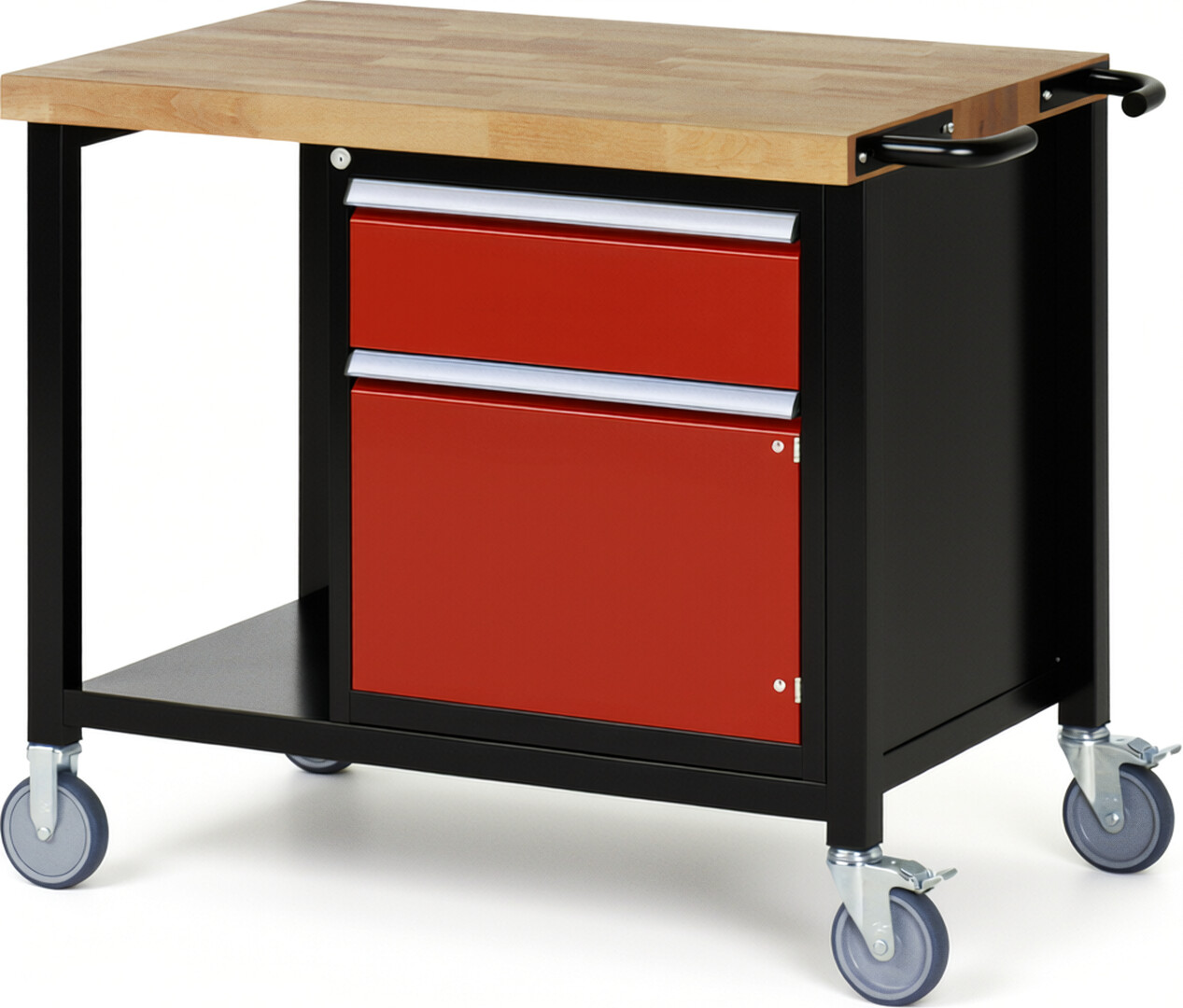 RAU Werkbank schwarz - rot - Breite 100 cm - Tiefe 70 cm - Höhe 108 cm - Buche-Massiv Arbeitsplatte 40 mm