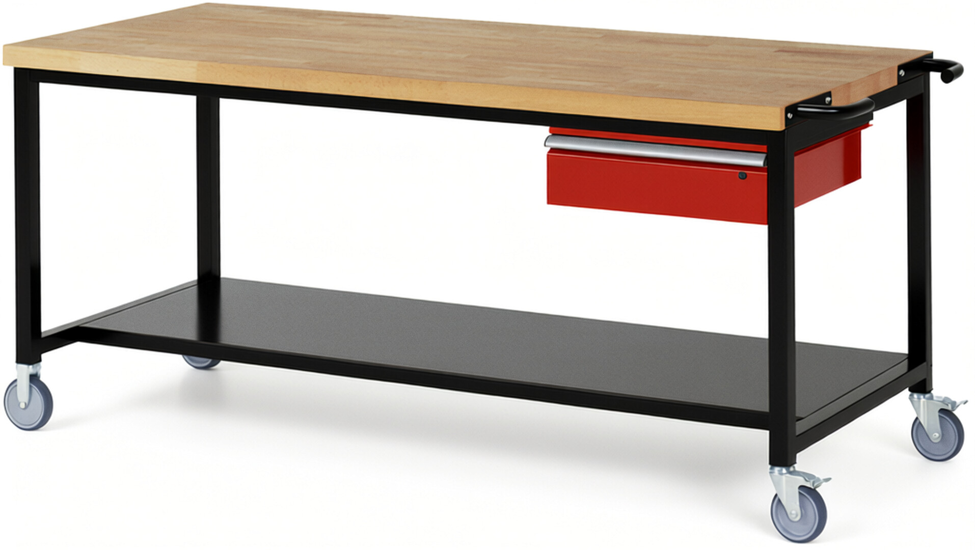 RAU Werkbank schwarz - rot - Breite 200 cm - Tiefe 90 cm - Höhe 108 cm - Buche-Massiv Arbeitsplatte 40 mm