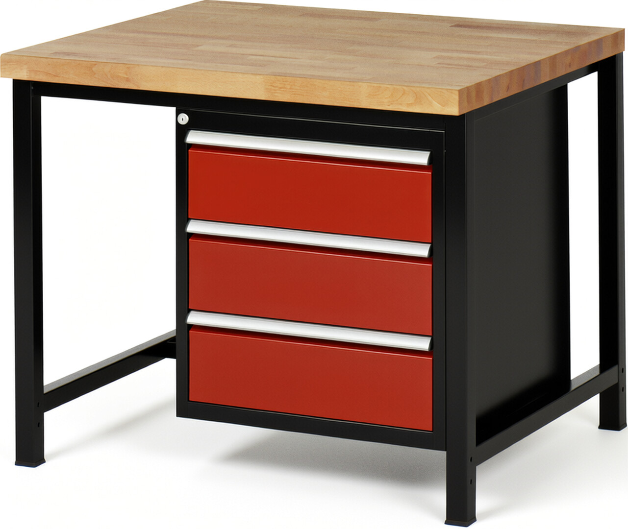RAU Werkbank schwarz - rot - Breite 100 cm - Tiefe 90 cm - Höhe 104 cm - Buche-Massiv Arbeitsplatte 40 mm