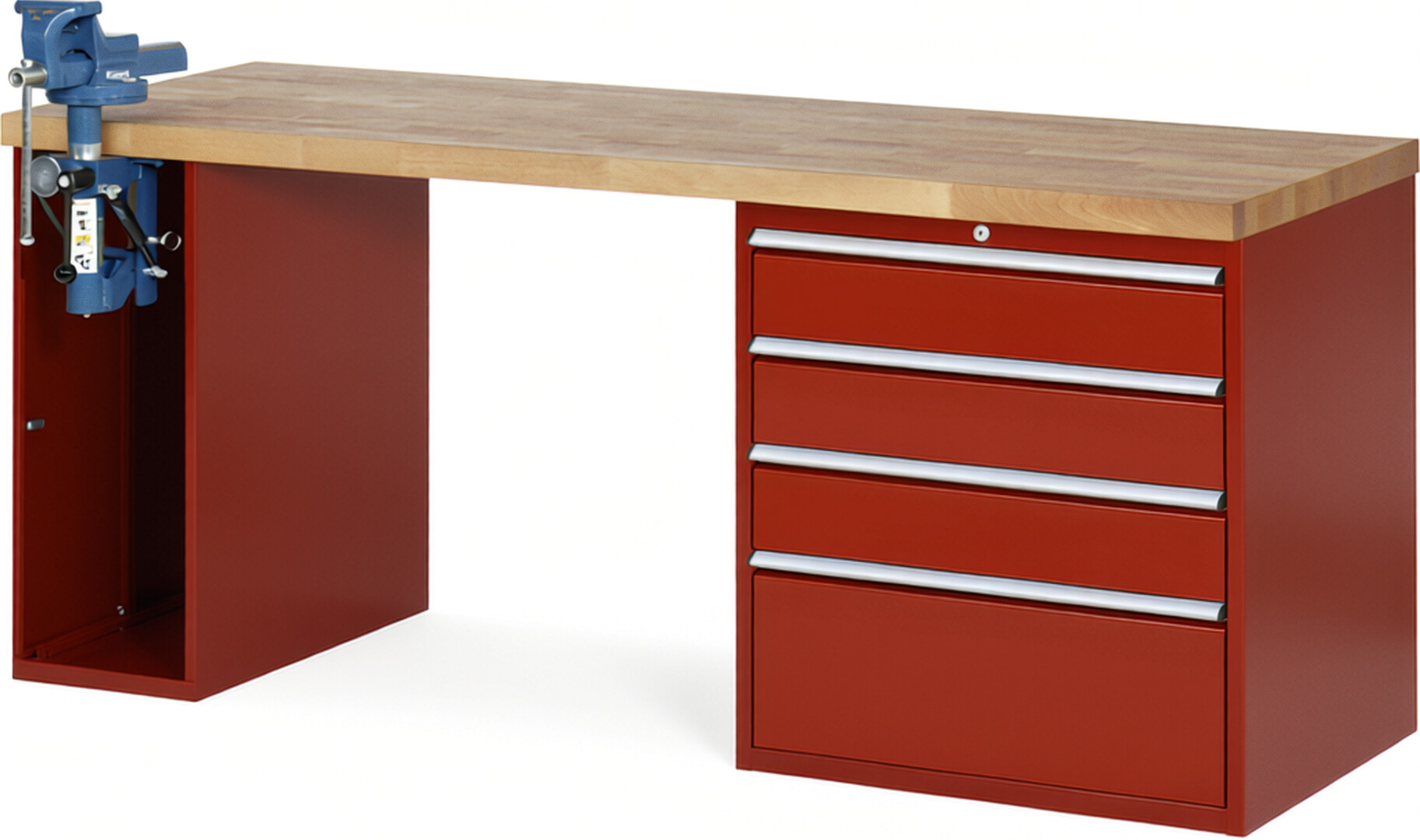 Werkbank Modell 7610 rot, BxTxH 2000x700x890 mm,  Buche-Massiv Arbeitsplatte 40 mm,  4 Schubladen mit  Auszug 90 %