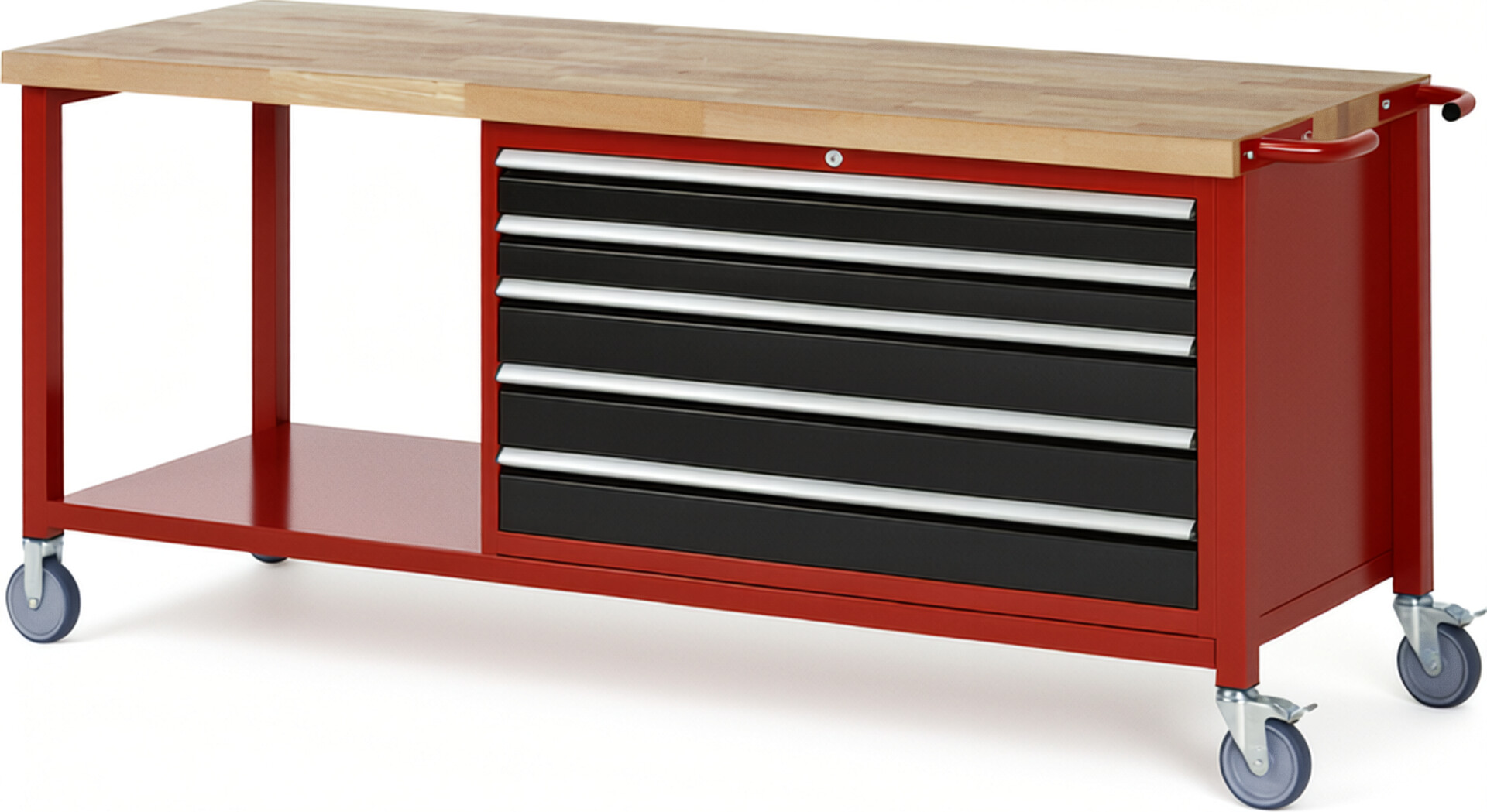 Fahrbare Werkbank Modell 8371 rot - schwarz, BxTxH 2000x700x880 mm,  Buche-Massiv Arbeitsplatte 40 mm,  5 Schubladen mit  Auszug 90 %