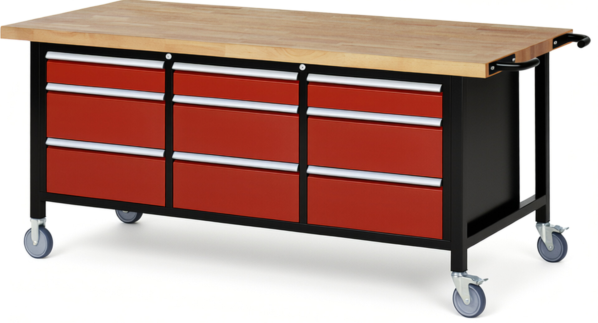 RAU Werkbank schwarz - rot - Breite 200 cm - Tiefe 90 cm - Höhe 108 cm - Buche-Massiv Arbeitsplatte 40 mm