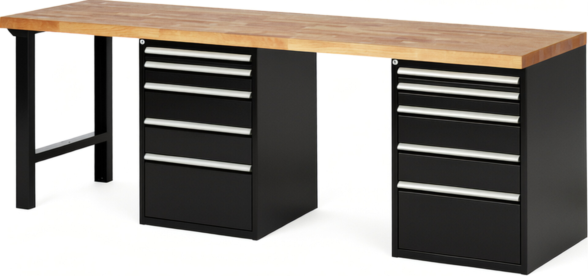 Werkbank Modell 7511 schwarz, BxTxH 2500x700x890 mm,  Buche-Massiv Arbeitsplatte 40 mm,  10 Schubladen mit  Auszug 90 %