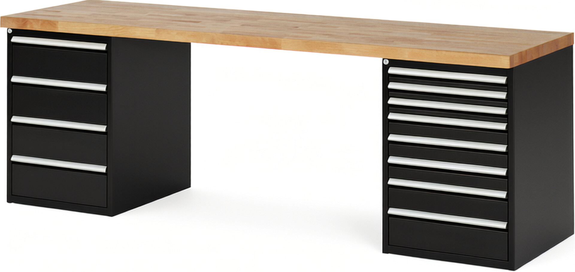 Werkbank Modell 7822 schwarz, BxTxH 2500x700x840 mm,  Buche-Massiv Arbeitsplatte 40 mm,  12 Schubladen mit  Auszug 90 %