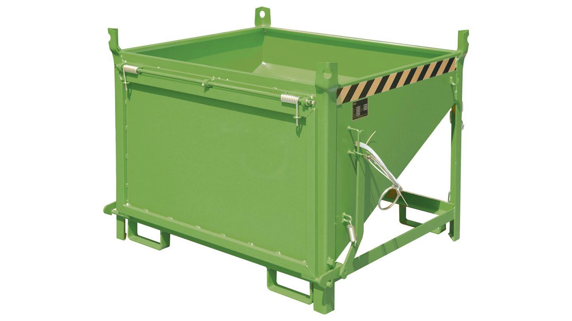 Silobehälter aus Stahl - Volumen 500 l, Traglast 750 kg - Farbe resedagrün, stirnseitige Klappe, Einfahrtaschen für Gabelstapler