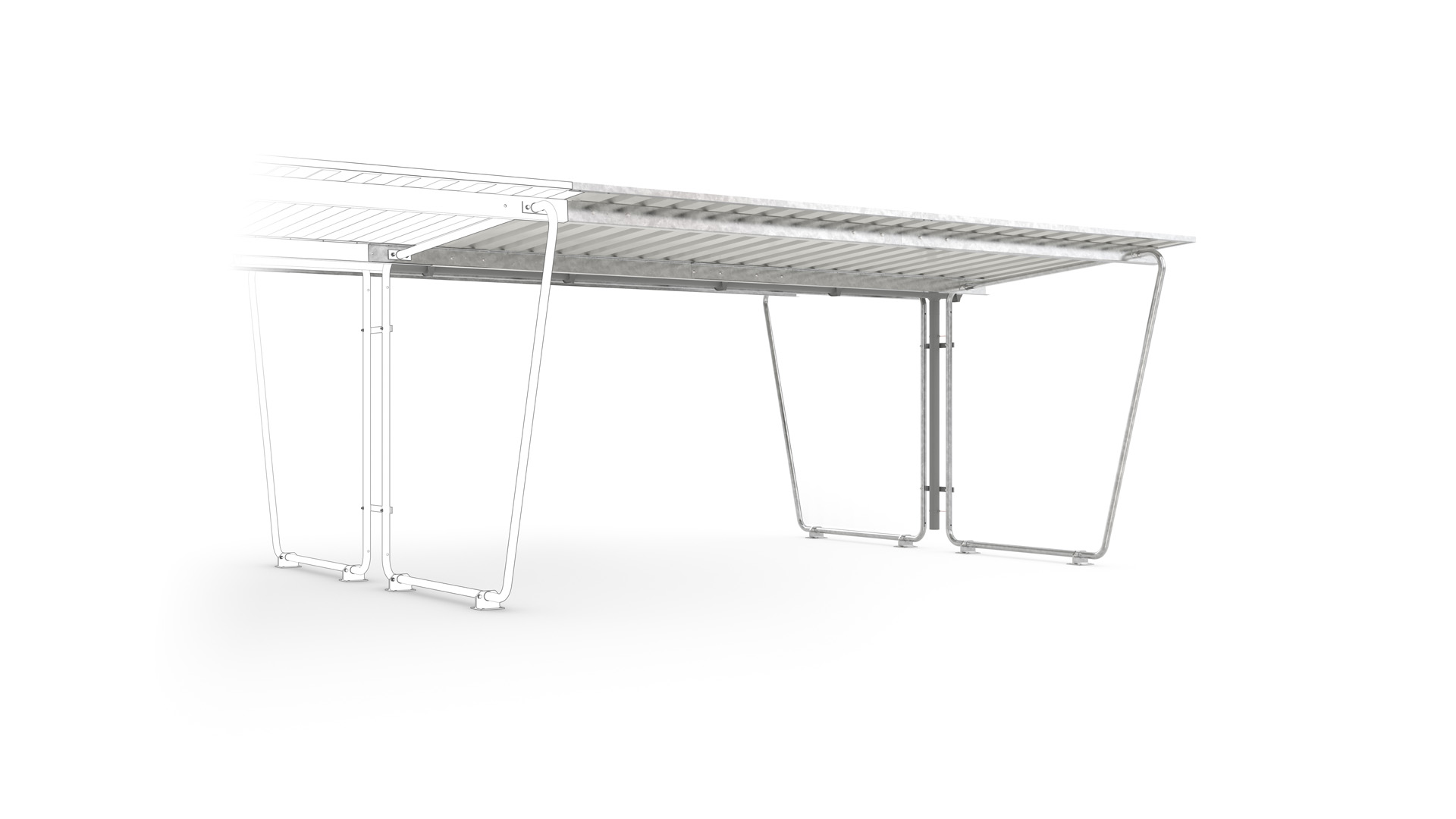 Fahrradunterstand, Überdachung, Modell Siegen, doppelseitig, Anbaueinheit, Trapezblech RAL 9002, BxTxH 4300x4660x2250 mm