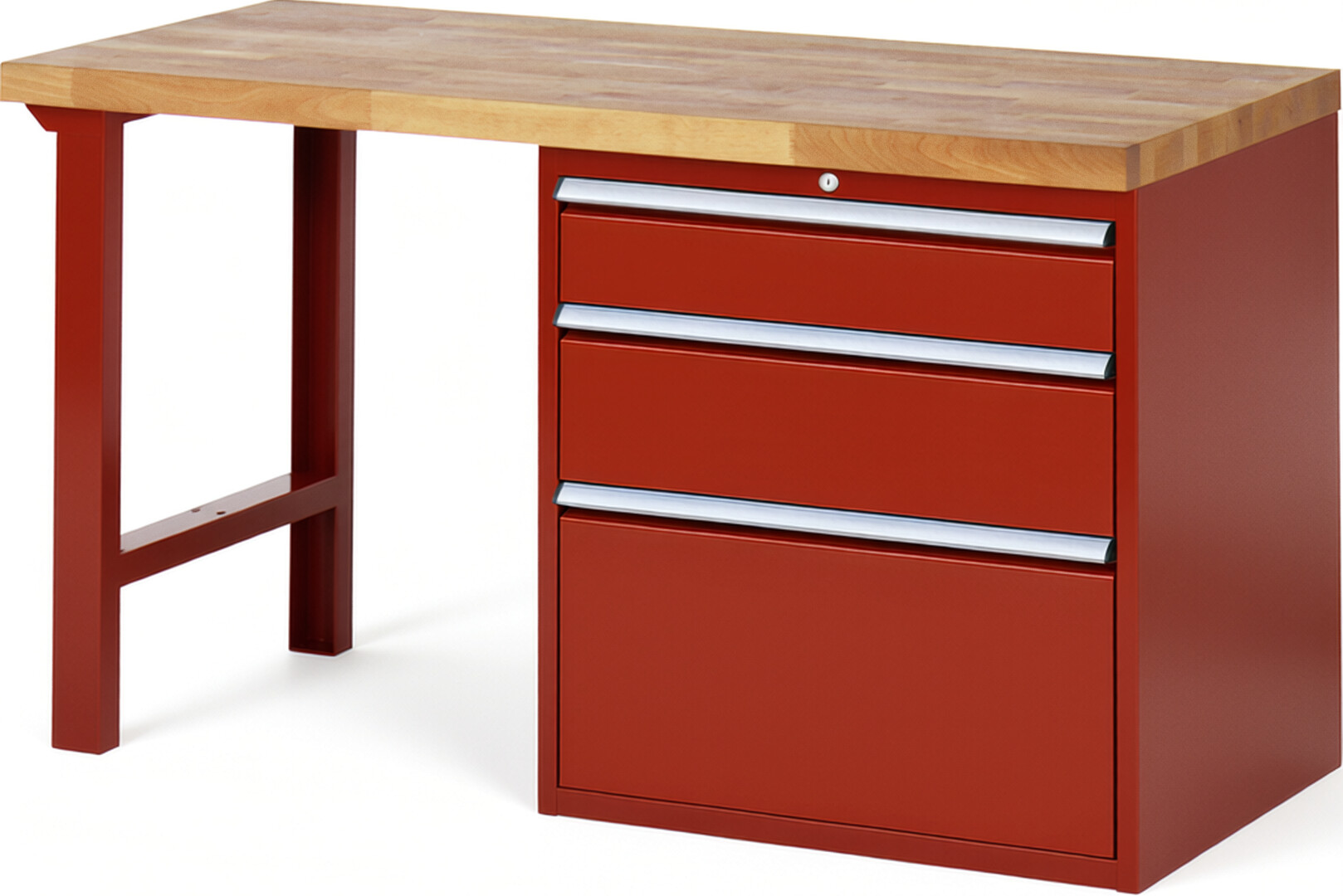 Werkbank Modell 7608 rot, BxTxH 1500x700x890 mm,  Buche-Massiv Arbeitsplatte 40 mm,  3 Schubladen mit  Auszug 90 %