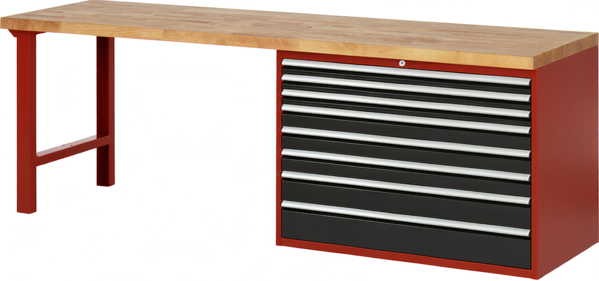 Werkbank Modell 7719 rot - schwarz, BxTxH 2500x700x840 mm,  Buche-Massiv Arbeitsplatte 40 mm,  8 Schubladen mit  Auszug 90 %