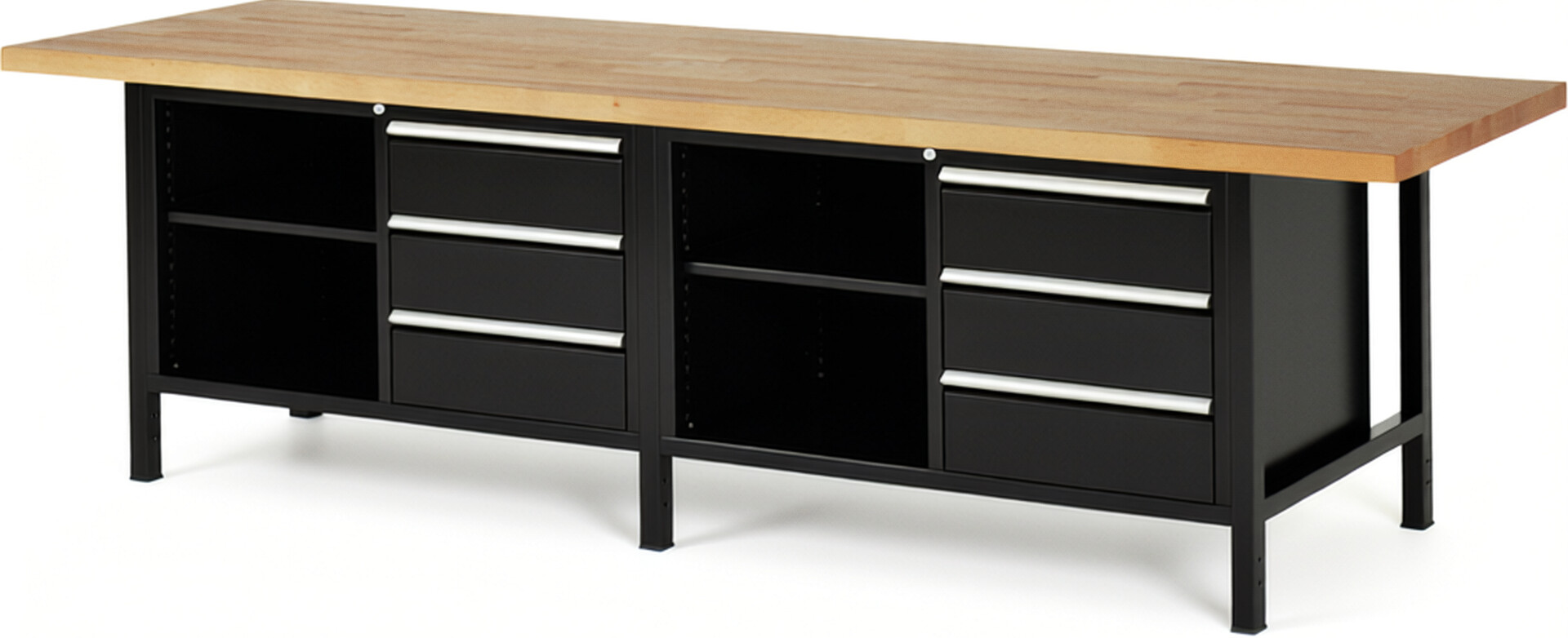Werkbank Modell 8462 schwarz, BxTxH 3000x900x840 mm,  Buche-Massiv Arbeitsplatte 40 mm,  6 Schubladen mit  Vollauszug 100 % und  SoftClosing