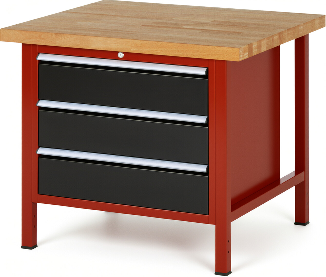 Werkbank Modell 8257 rot - schwarz, BxTxH 1000x900x840 mm,  Buche-Massiv Arbeitsplatte 40 mm,  3 Schubladen mit  Vollauszug 100 % und  SoftClosing