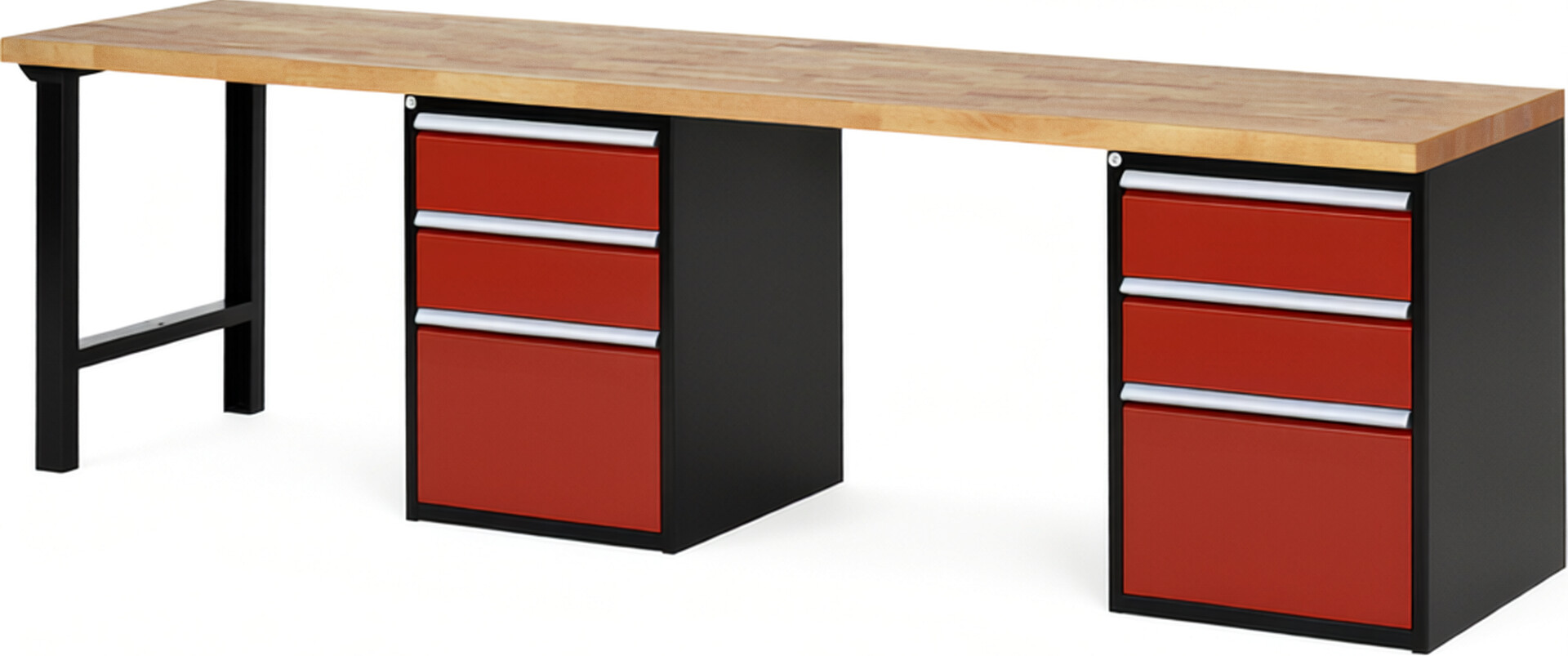 RAU Werkbank schwarz - rot - Breite 300 cm - Tiefe 70 cm - Höhe 89 cm - Buche-Massiv Arbeitsplatte 40 mm