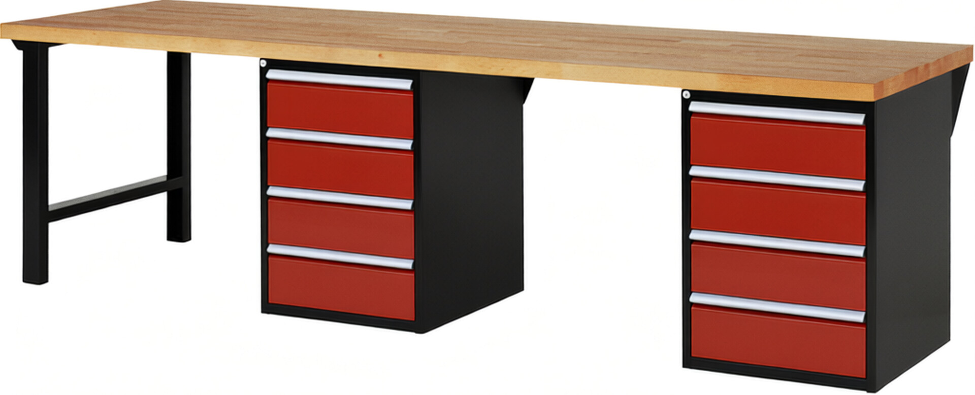 RAU Werkbank schwarz - rot - Breite 300 cm - Tiefe 90 cm - Höhe 89 cm - Buche-Massiv Arbeitsplatte 40 mm