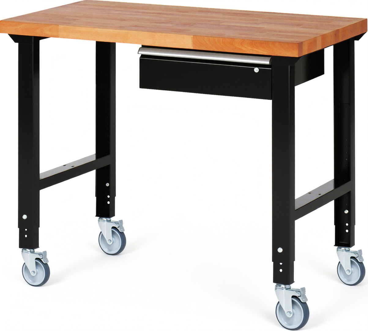 Fahrbare Werkbank Modell 7001 schwarz, BxTxH 1250x700x950-1000 mm,  Buche-Massiv Arbeitsplatte 40 mm,  1 Schublade mit  Auszug 90 %