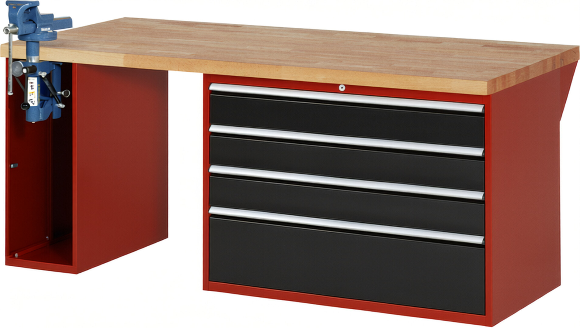 Werkbank Modell 7710 rot - schwarz, BxTxH 2000x900x840 mm,  Buche-Massiv Arbeitsplatte 40 mm,  4 Schubladen mit  Auszug 90 %