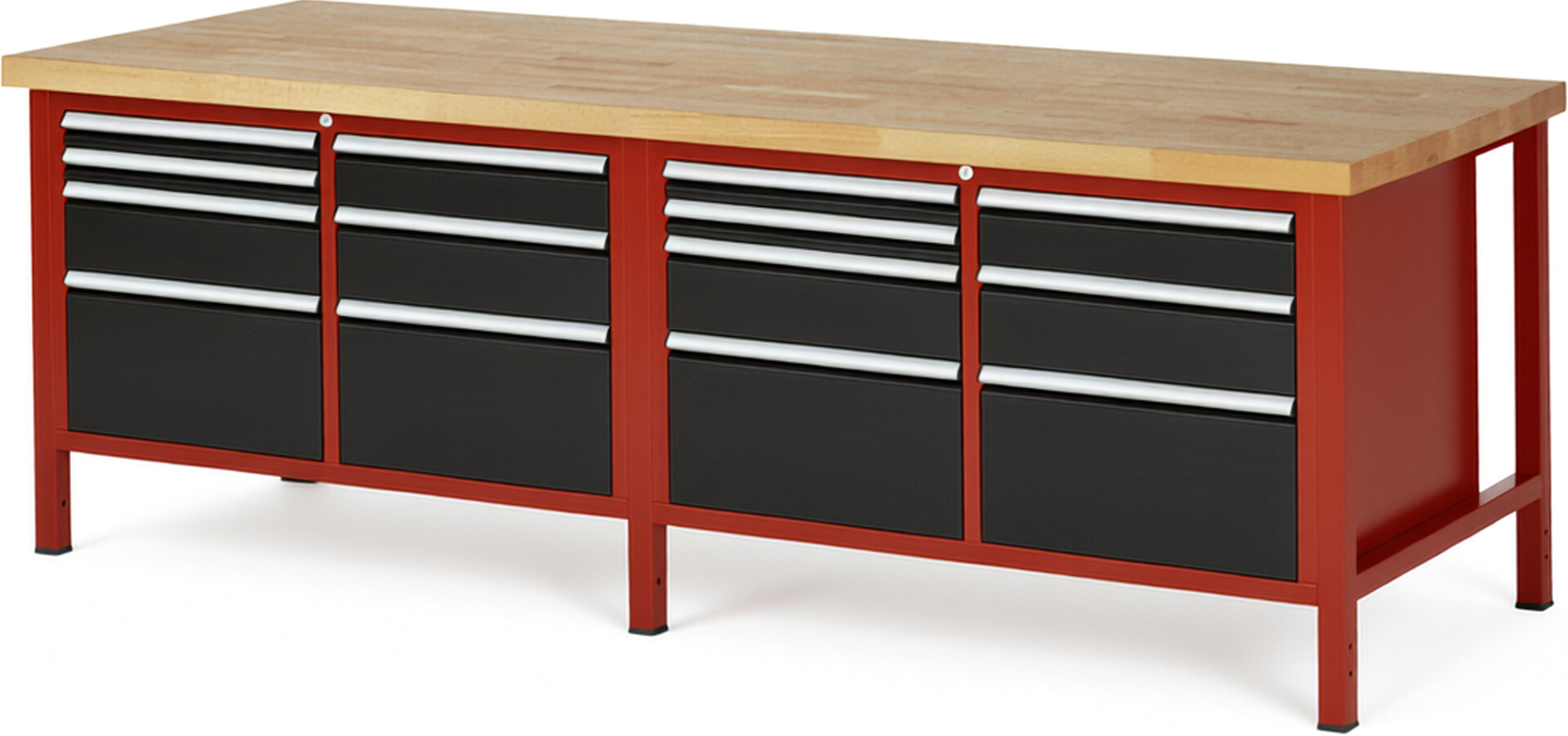 Werkbank Modell 8476 rot - schwarz, BxTxH 2500x900x840 mm,  Buche-Massiv Arbeitsplatte 40 mm,  14 Schubladen mit  Auszug 90 %