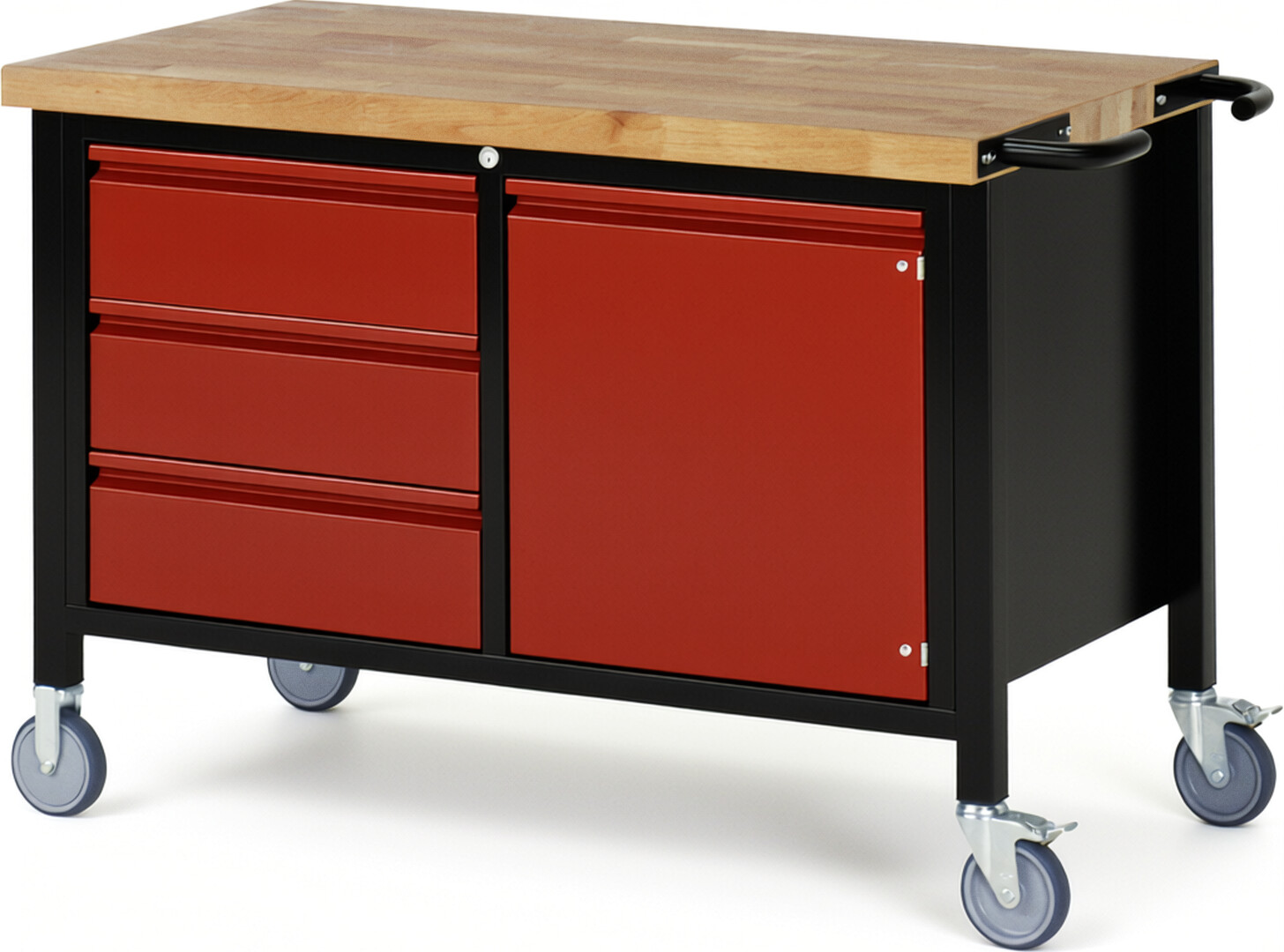 RAU Werkbank schwarz - rot - Breite 125 cm - Tiefe 70 cm - Höhe 88 cm - Buche-Massiv Arbeitsplatte 40 mm