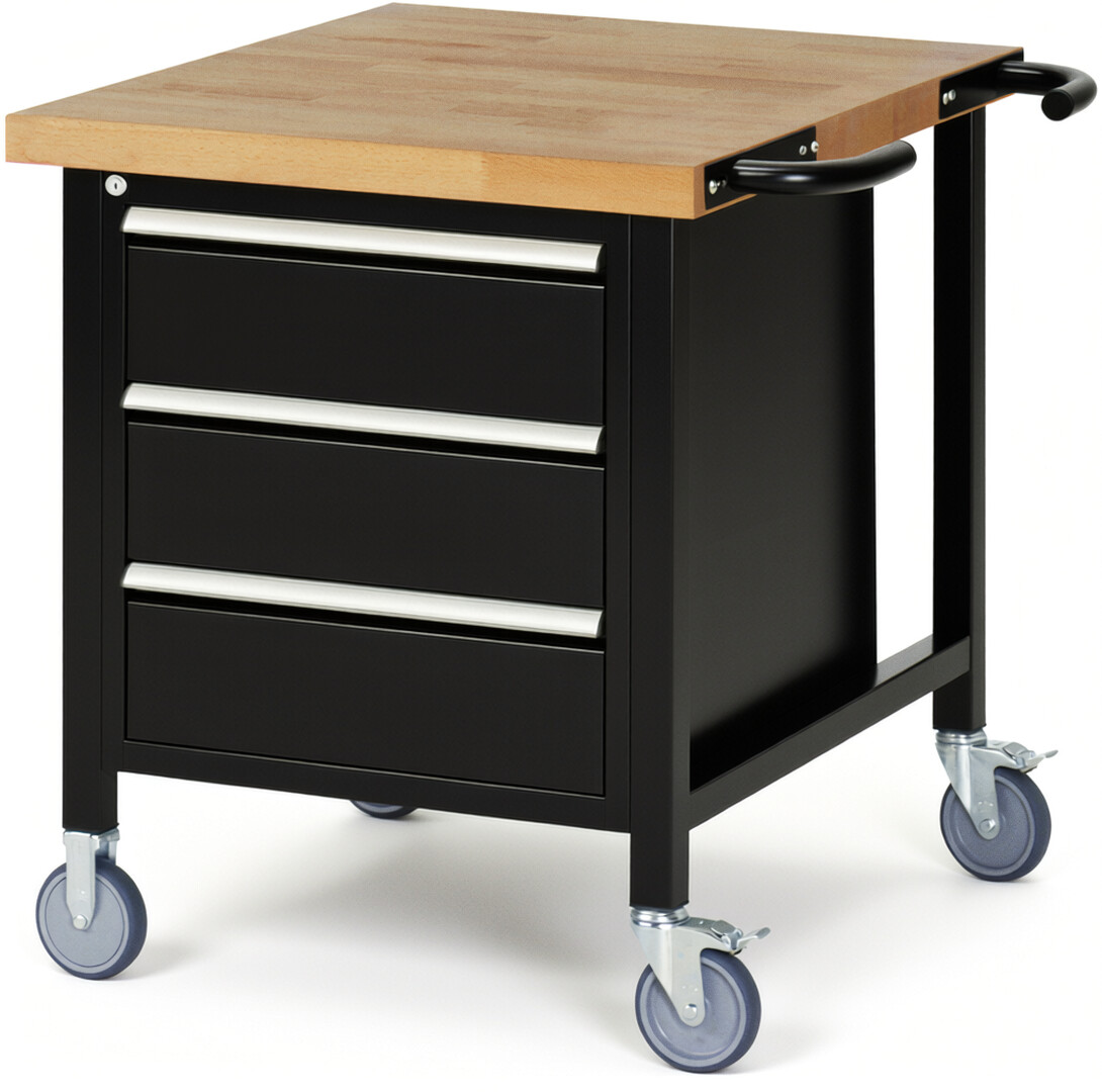 Fahrbare Werkbank Modell 8157 schwarz, BxTxH 750x900x880 mm,  Buche-Massiv Arbeitsplatte 40 mm,  3 Schubladen mit  Vollauszug 100 % und  SoftClosing