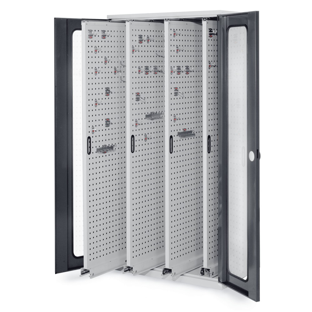 Schwerlastschrank, Sichtfenstertüren, 4 Vertikalauszüge, BxTxH 1000x600x1950 mm, RAL 7035/7016