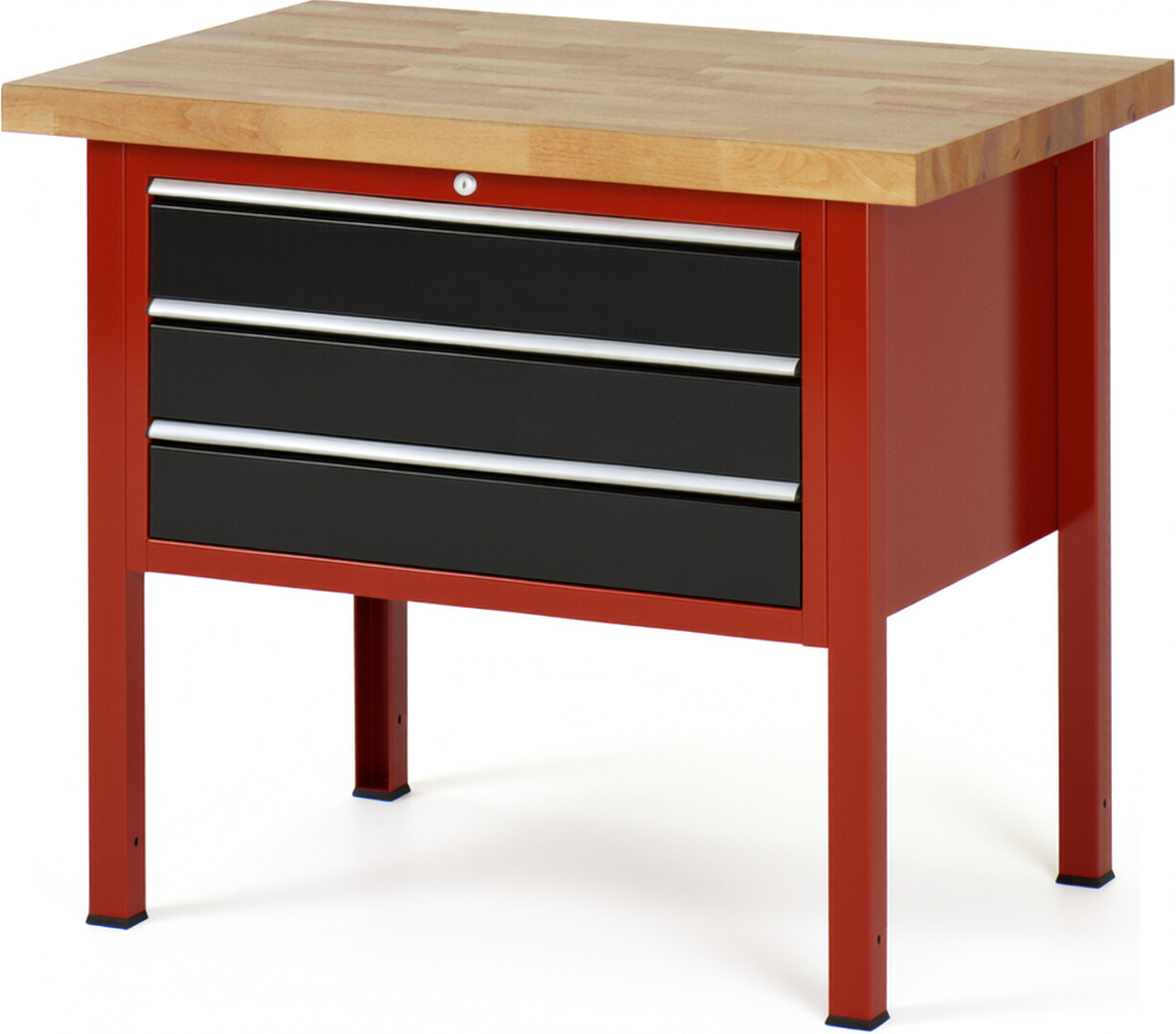 Werkbank Modell 8227 rot - schwarz, BxTxH 1000x700x840 mm,  Buche-Massiv Arbeitsplatte 40 mm,  3 Schubladen mit  Vollauszug 100 % und  SoftClosing