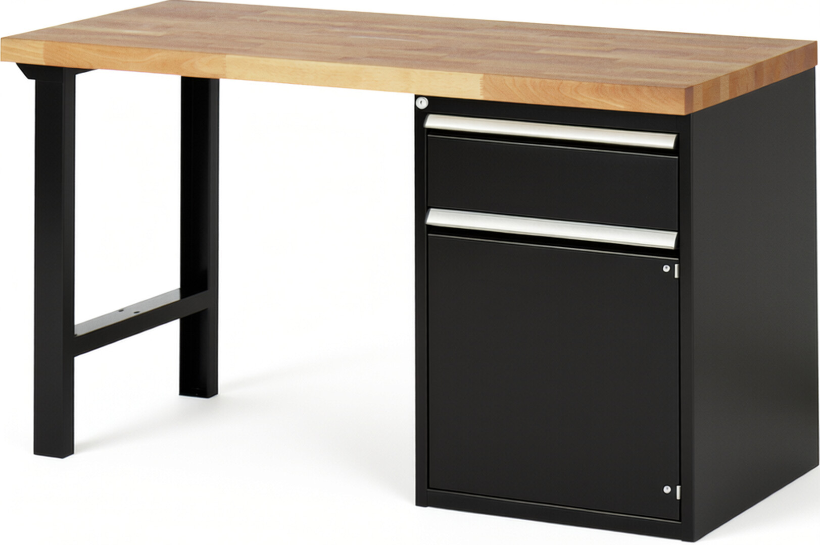 Werkbank Modell 7502 schwarz, BxTxH 1500x700x890 mm,  Buche-Massiv Arbeitsplatte 40 mm,  1 Schublade mit  Auszug 90 %