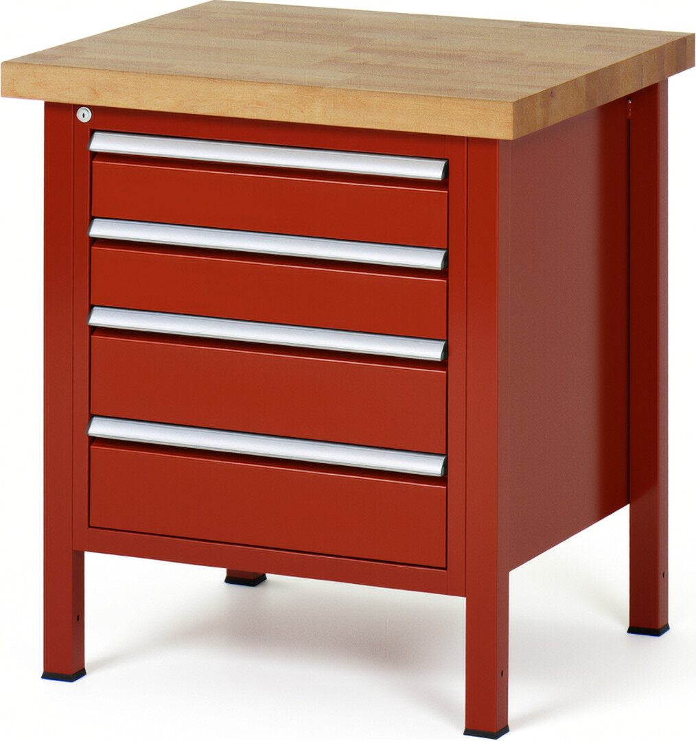 Werkbank Modell 8162 rot, BxTxH 750x700x840-1040 mm,  Buche-Massiv Arbeitsplatte 40 mm,  4 Schubladen mit  Auszug 90 %