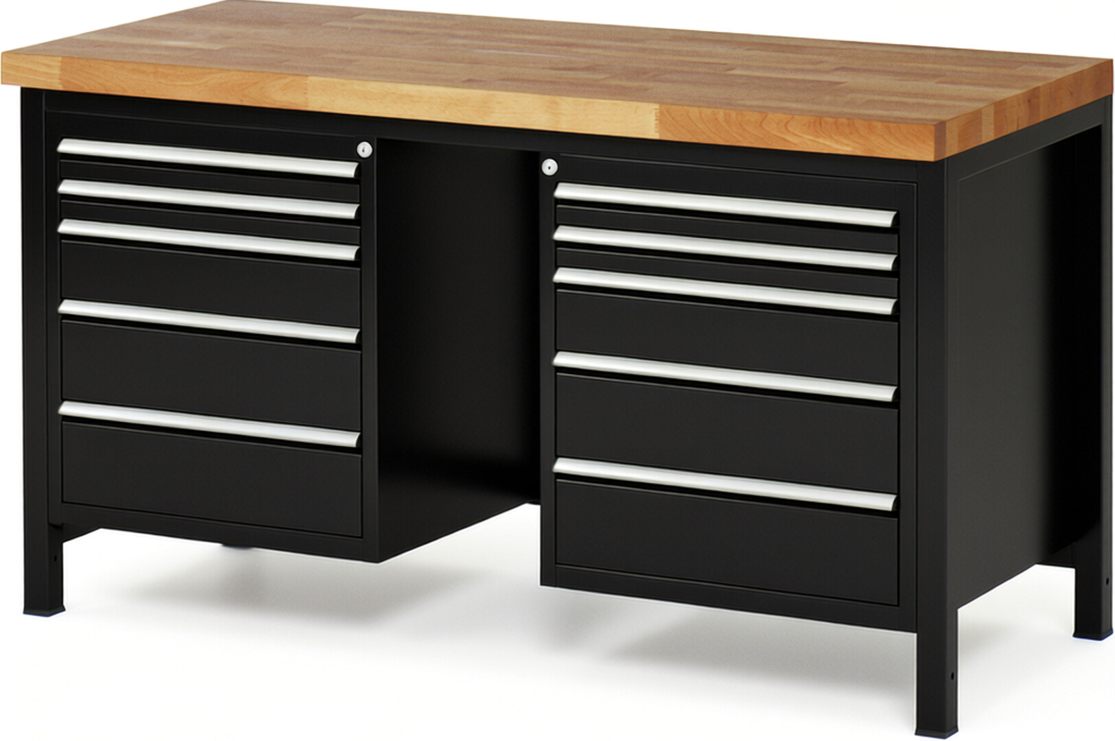 Werkbank Modell 8184 schwarz, BxTxH 1500x700x840 mm,  Buche-Massiv Arbeitsplatte 40 mm,  10 Schubladen mit  Vollauszug 100 % und  SoftClosing