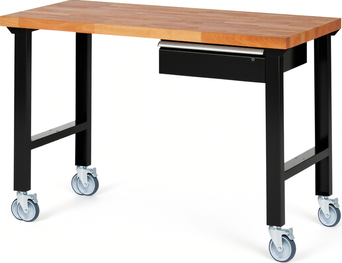 Fahrbare Werkbank Modell 7001 schwarz, BxTxH 1500x700x1000 mm,  Buche-Massiv Arbeitsplatte 40 mm,  1 Schublade mit  Auszug 90 %