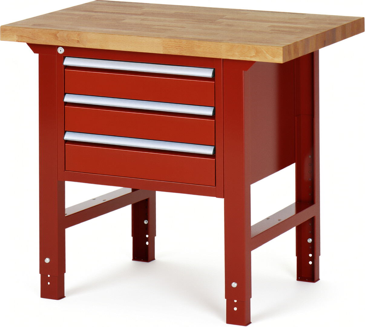 Werkbank Modell 7127 rot, BxTxH 1000x700x790-1140 mm,  Buche-Massiv Arbeitsplatte 40 mm,  3 Schubladen mit  Auszug 90 %