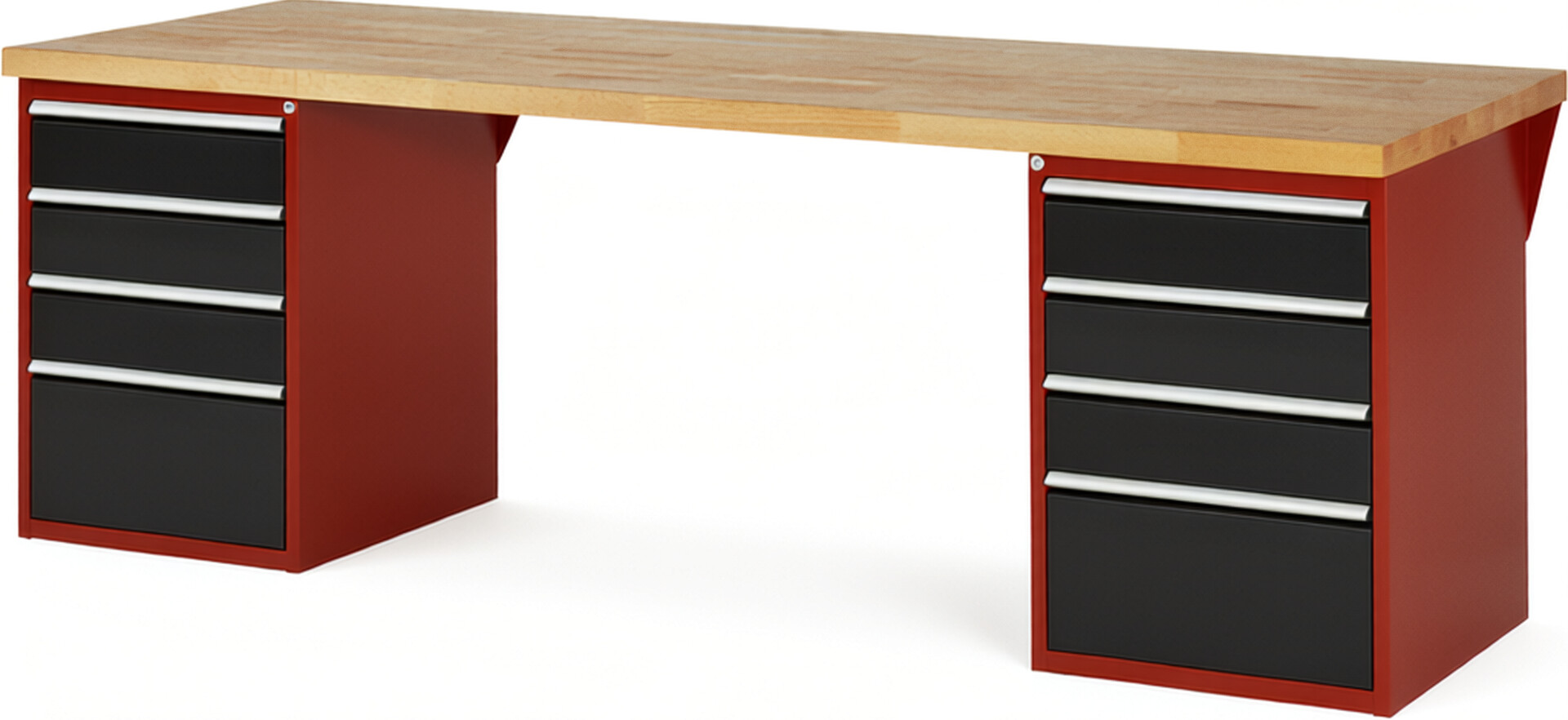 Werkbank Modell 7510 rot - schwarz, BxTxH 2500x900x890 mm,  Buche-Massiv Arbeitsplatte 40 mm,  8 Schubladen mit  Auszug 90 %