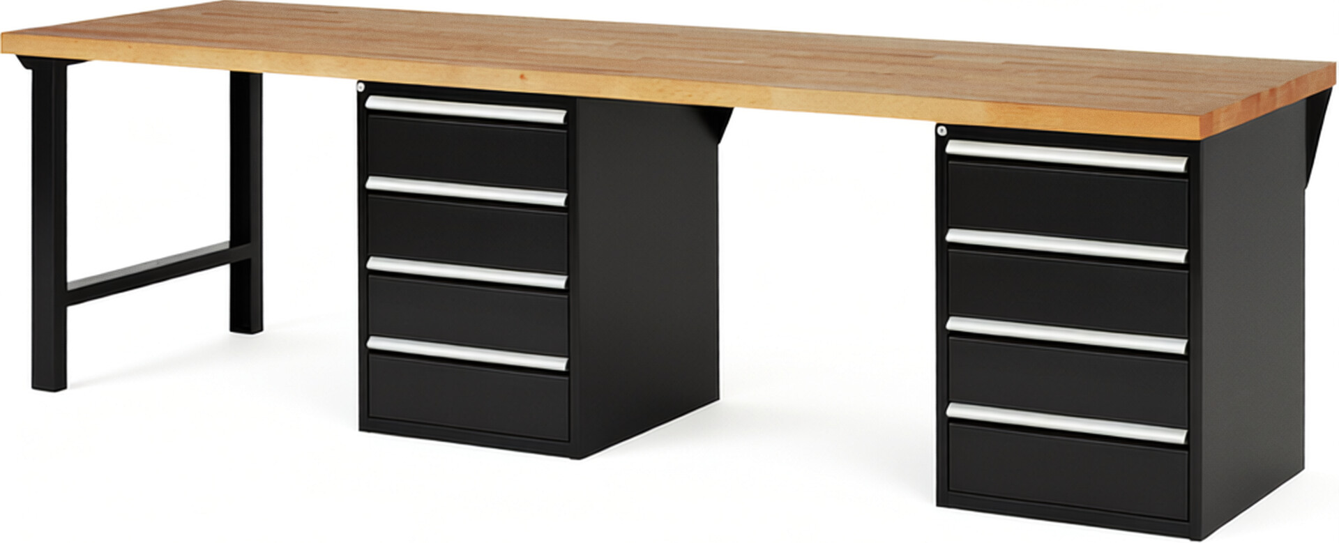 Werkbank Modell 7509 schwarz, BxTxH 3000x900x890 mm,  Buche-Massiv Arbeitsplatte 40 mm,  8 Schubladen mit  Auszug 90 %