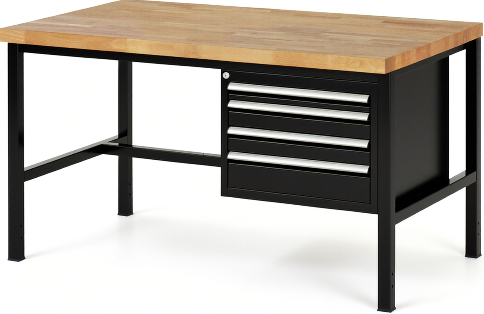 Werkbank Modell 8132 schwarz, BxTxH 1500x900x840 mm,  Buche-Massiv Arbeitsplatte 40 mm,  4 Schubladen mit  Auszug 90 %