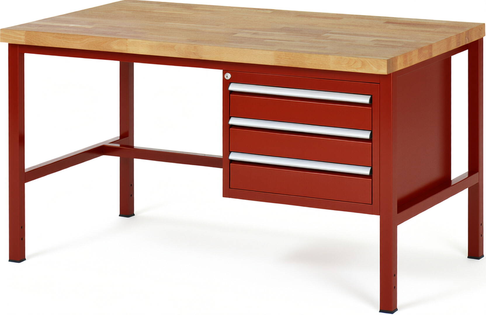 Werkbank Modell 8127 rot, BxTxH 1500x900x840-1040 mm,  Buche-Massiv Arbeitsplatte 40 mm,  3 Schubladen mit  Auszug 90 %