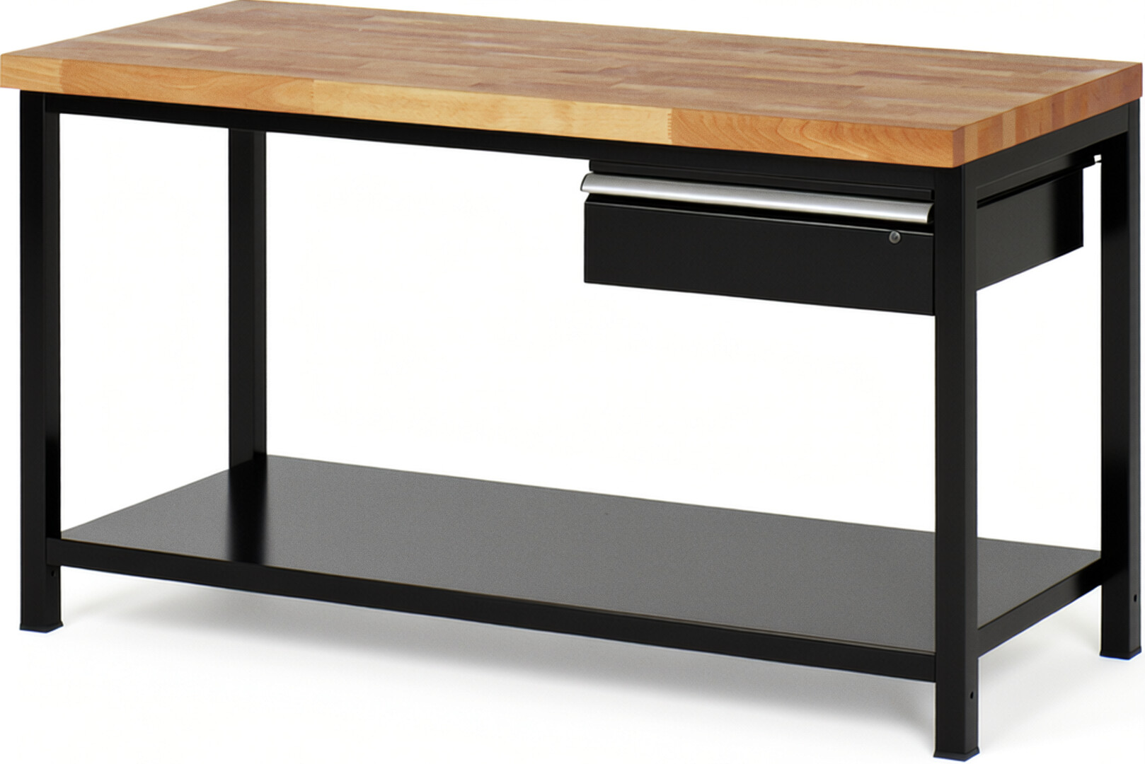 Werkbank Modell 8001 schwarz, BxTxH 1500x700x840 mm,  Buche-Massiv Arbeitsplatte 40 mm,  1 Schublade mit  Auszug 90 %
