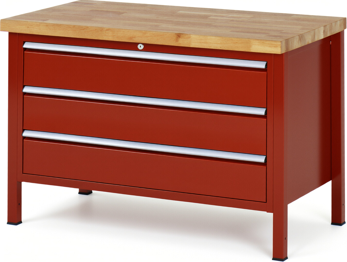 Werkbank Modell 8357 rot, BxTxH 1250x700x840-1040 mm,  Buche-Massiv Arbeitsplatte 40 mm,  3 Schubladen mit  Auszug 90 %