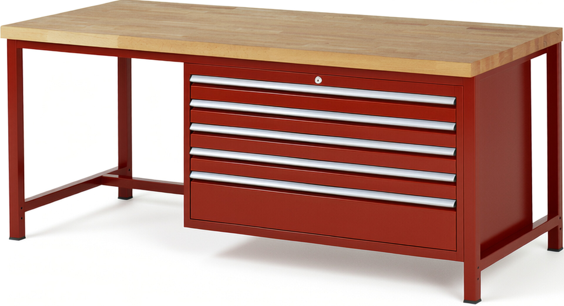 Werkbank Modell 8368 rot, BxTxH 2000x900x840 mm,  Buche-Massiv Arbeitsplatte 40 mm,  5 Schubladen mit  Auszug 90 %