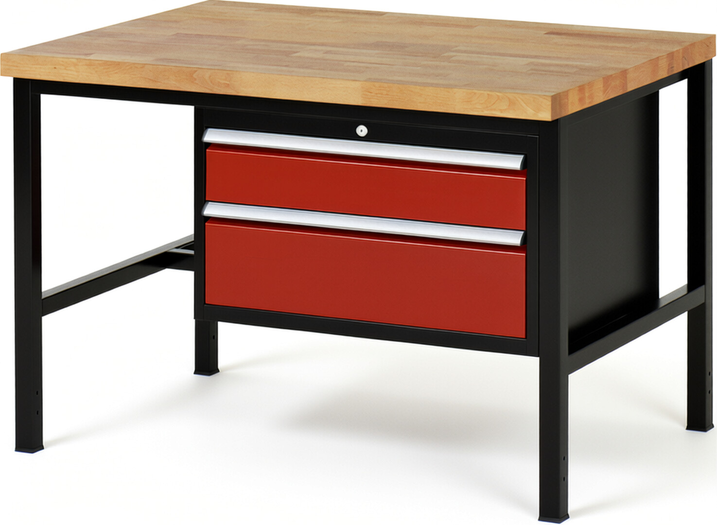 RAU Werkbank schwarz - rot - Breite 125 cm - Tiefe 90 cm - Höhe 84 cm - Buche-Massiv Arbeitsplatte 40 mm
