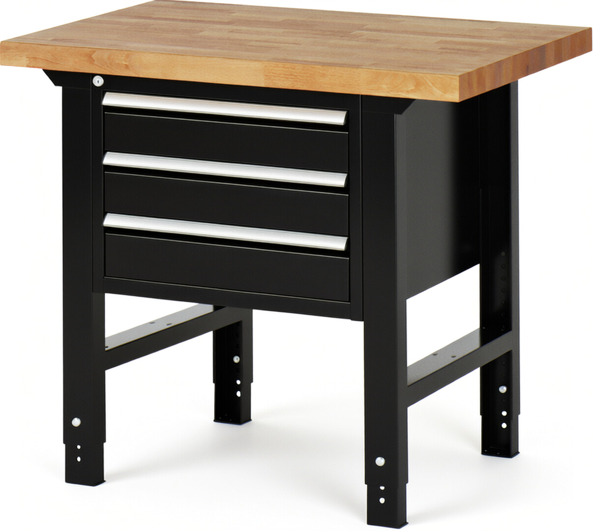 Werkbank Modell 7127 schwarz, BxTxH 1000x700x790-1140 mm,  Buche-Massiv Arbeitsplatte 40 mm,  3 Schubladen mit  Auszug 90 %