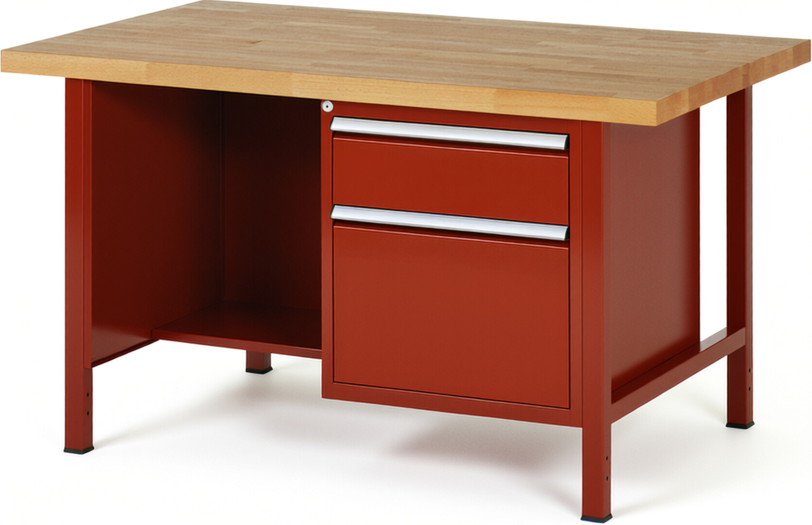 Werkbank Modell 8451 rot, BxTxH 1500x900x840 mm,  Buche-Massiv Arbeitsplatte 40 mm,  2 Schubladen mit  Auszug 90 %