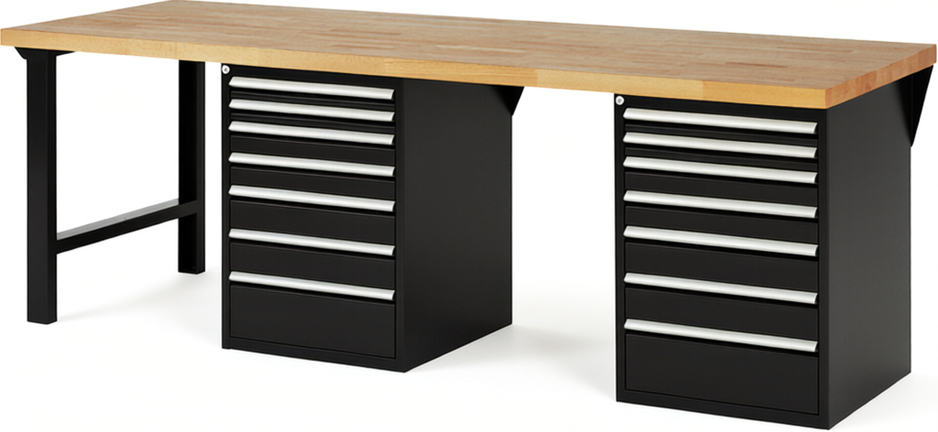 Werkbank Modell 7517 schwarz, BxTxH 2500x900x840 mm,  Buche-Massiv Arbeitsplatte 40 mm,  14 Schubladen mit  Auszug 90 %