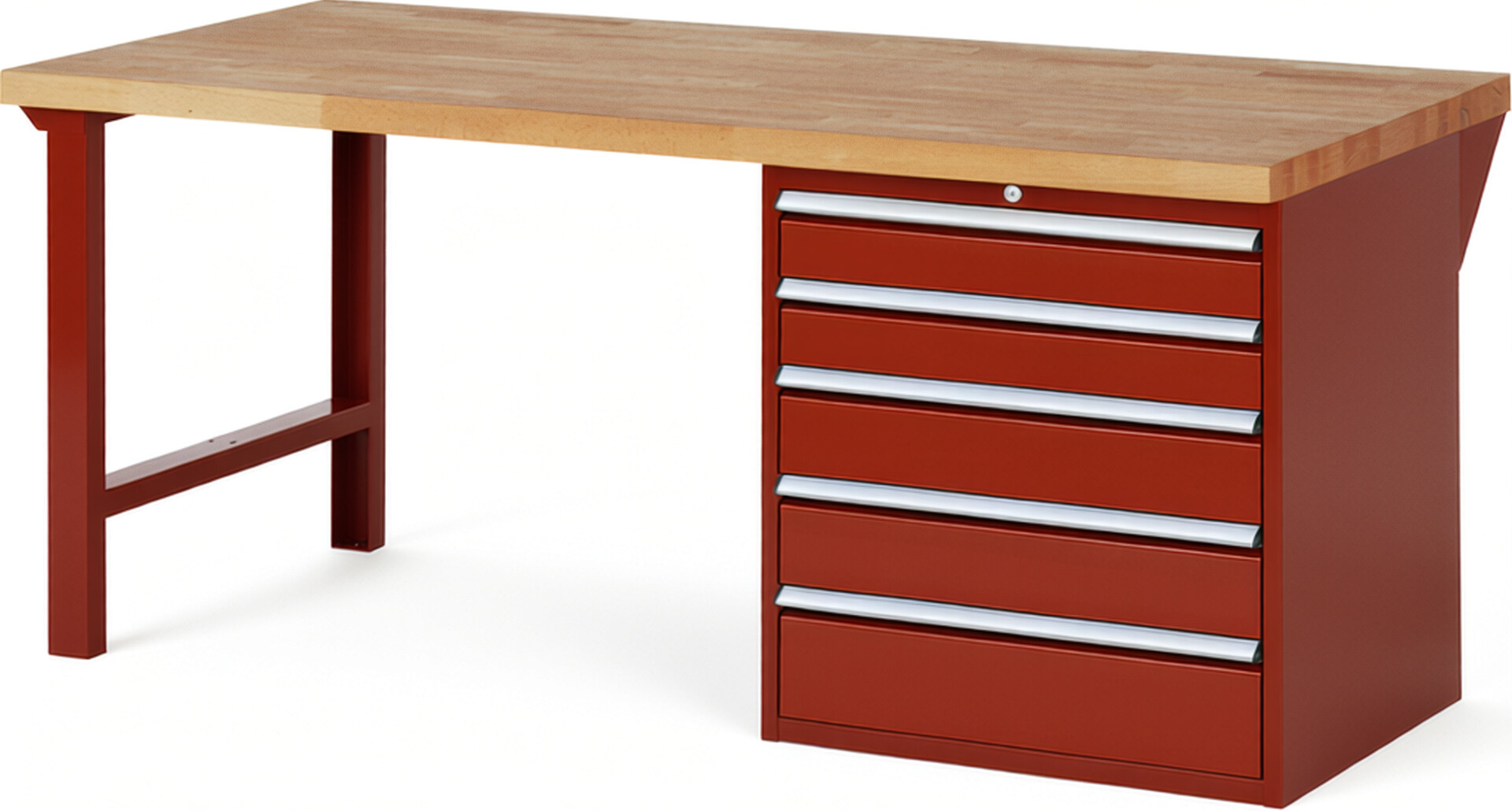 Werkbank Modell 7613 rot, BxTxH 2000x900x890 mm,  Buche-Massiv Arbeitsplatte 40 mm,  5 Schubladen mit  Auszug 90 %